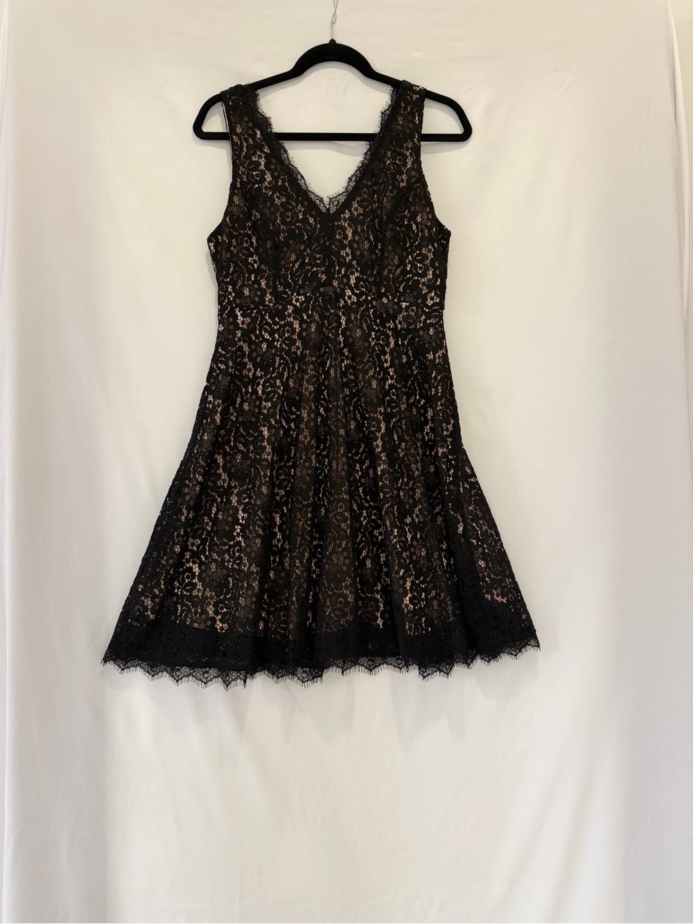 Soprano Black Lace V-Neck Fit-and-Flare Dress with Nude Lining